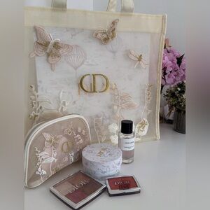 NEW Dior Floral Embroidered Tote Bag & Pouch Set Cream & Gold